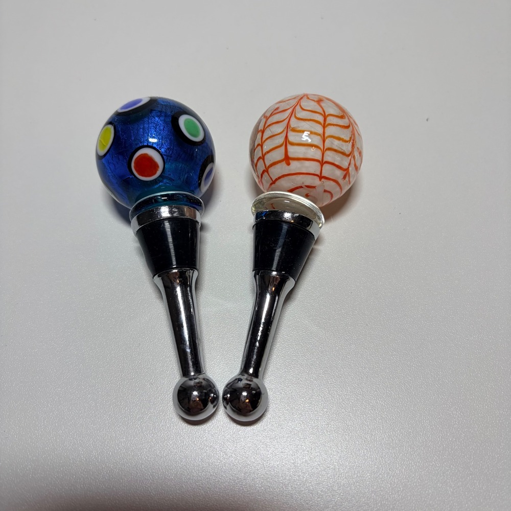 Set of 2 Hand Blown Art Glass Wine Stoppers Blue Polka Dot Orange Swirl Barware